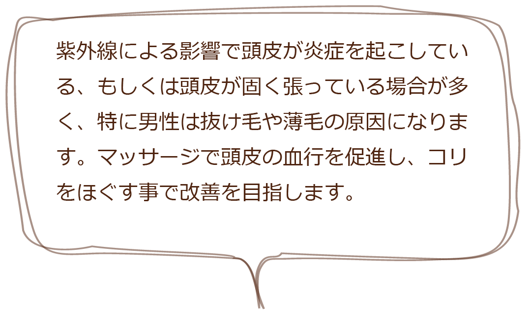 紫外線による影響で頭皮が炎症を起こしている、もしくは頭皮が固く張っている場合が多く、特に男性は抜け毛や薄毛の原因になります。マッサージで頭皮の血行を促進し、コリをほぐす事で改善を目指します。