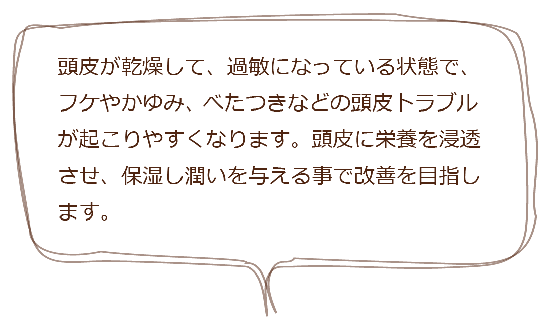 頭皮が乾燥して、過敏になっている状態で、フケやかゆみ、 べたつきなどの頭皮トラブルが起こりやすくなります。頭皮に栄養を浸透させ、保湿し潤いを与える事で改善を目指します。