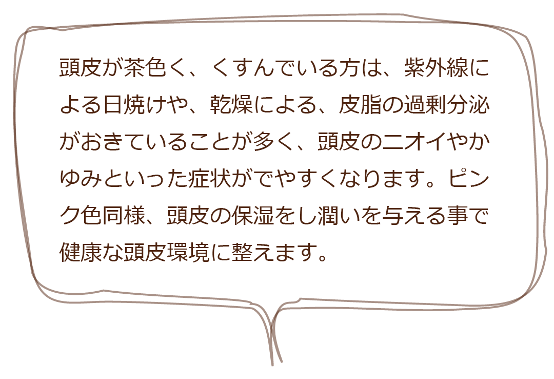 頭皮が茶色く、くすんでいる方は、紫外線による日焼けや、乾燥による、皮脂の過剰分泌がおきていることが多く、頭皮のニオイやかゆみといった症状がでやすくなります。ピンク色同様、頭皮の保湿をし潤いを与える事で、健康な頭皮環境に整えます。