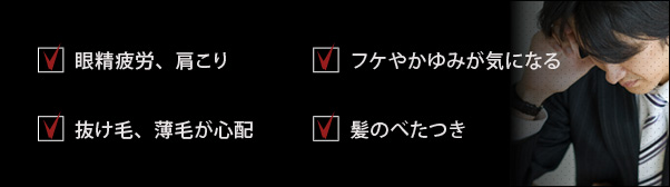 眼精疲労、肩こり。フケやかゆみが気になる。抜け毛、薄毛が心配。髪のべたつき。